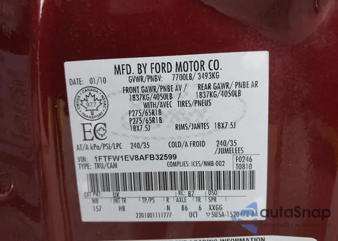 2010 Ford F-150 Fx4/Harley-Davidson/King Ranch/Lariat/Platinum/Xl/Xlt z USA, uszkodzony, nr VIN 1FTFW1EV8AFB32599